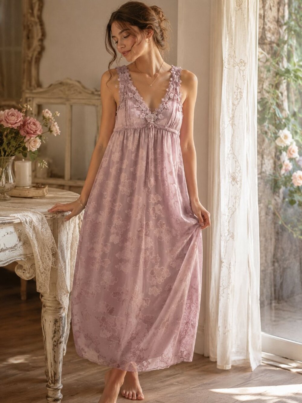 Soma Silk Blend Mauve Floral Lace Lingerie Romantic Dreamy Feminine Slip Dress